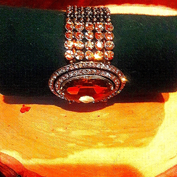 Gold Crystal Stretch Statement Bracelet with Amber Center Stone. - Picture 4 of 4